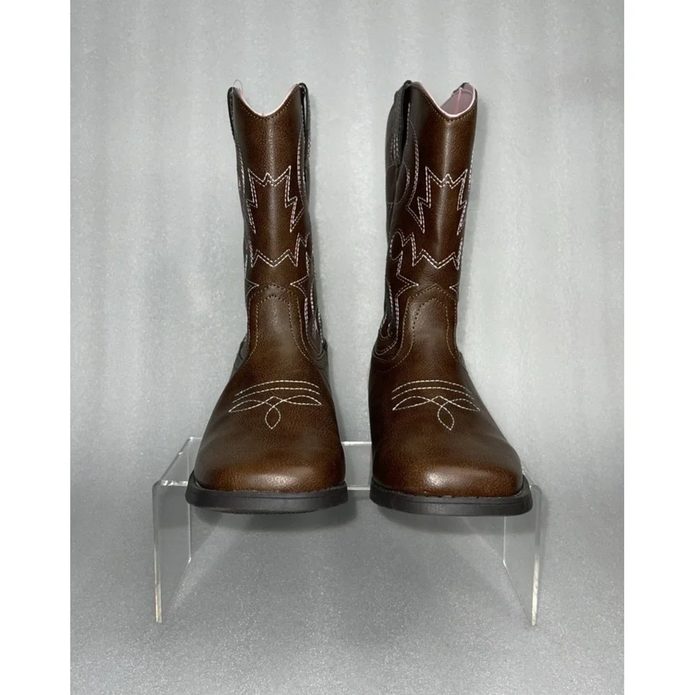Wonder‎ Nation Brown Pull-on Square Toe Cowboy Cowgirl Boots Big Girls Size 5